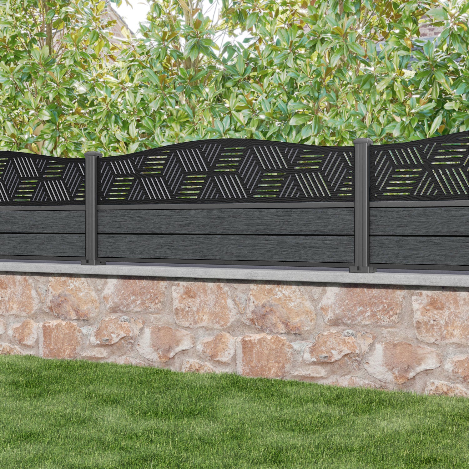 Fusion Cubed Curved Top Fence Panel - Dark Grey - with our aluminium posts
