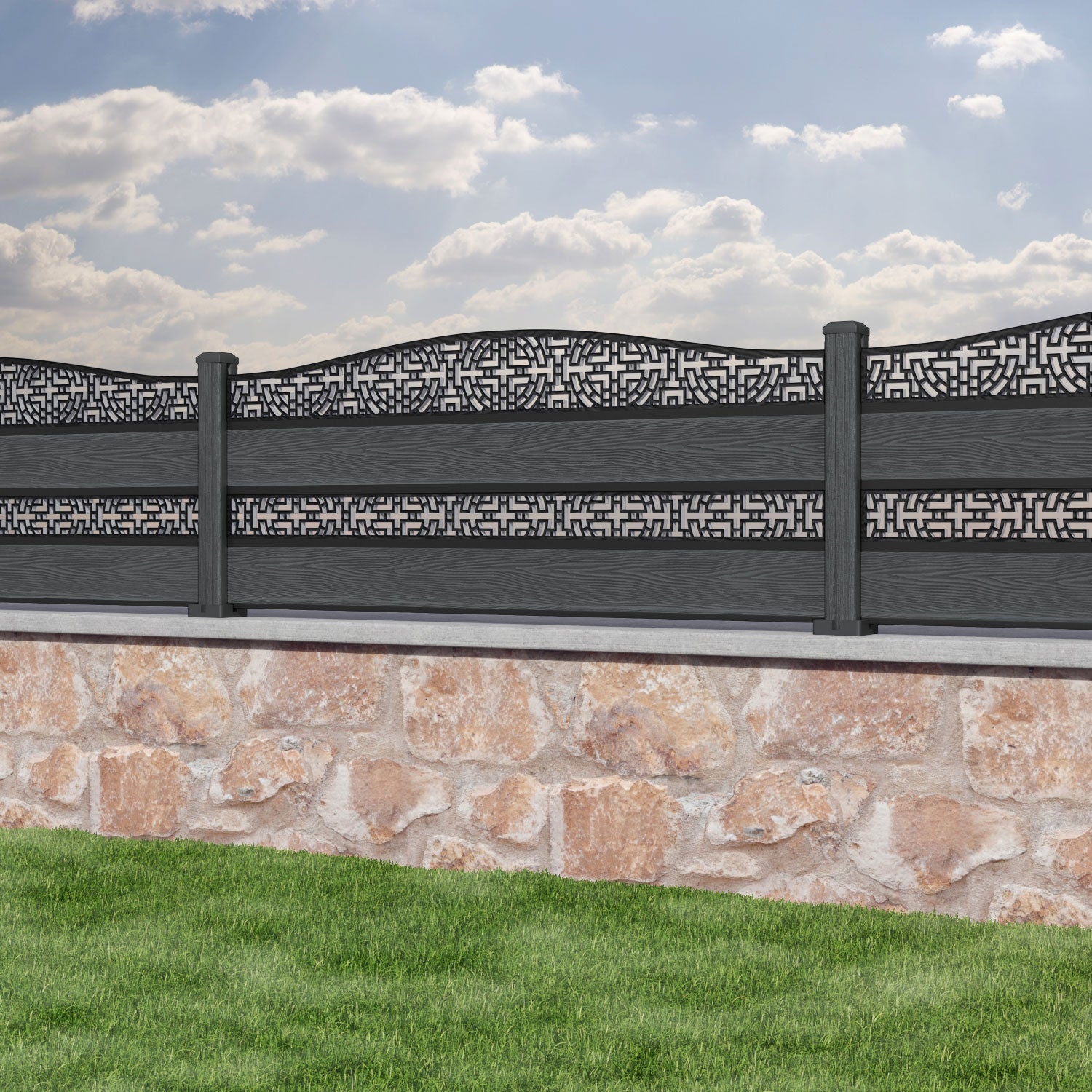 Classic Kumo Curved Top Split Screen Fence Panel - Dark Grey - with our composite posts