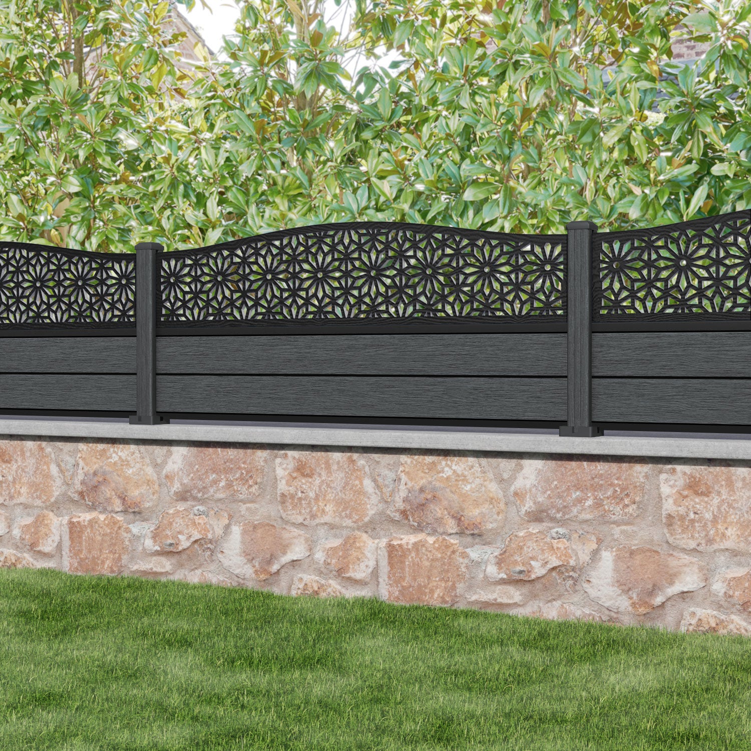 Fusion Narwa Curved Top Fence Panel - Dark Grey - with our composite posts