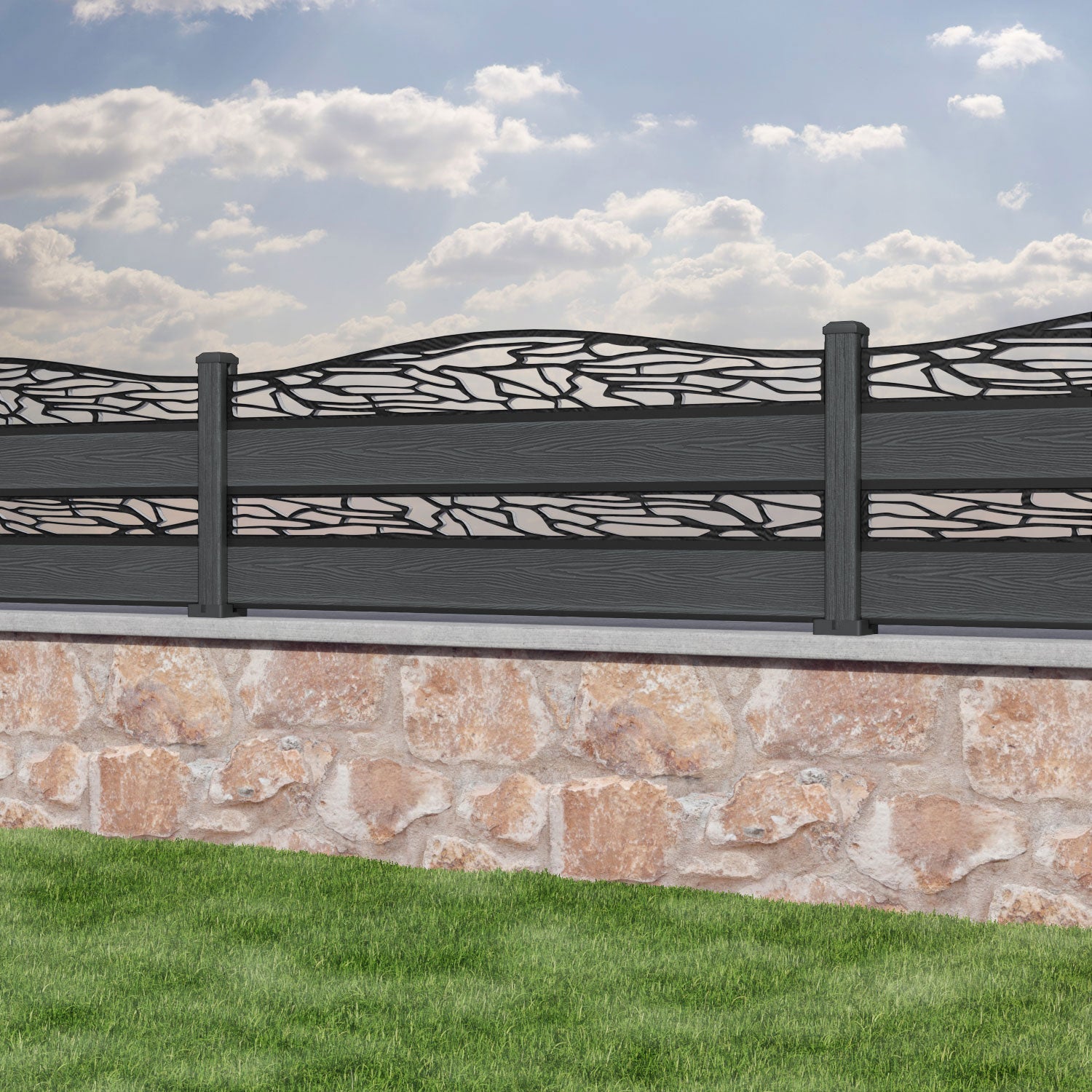 Classic Shatter Curved Top Split Screen Fence Panel - Dark Grey - with our composite posts