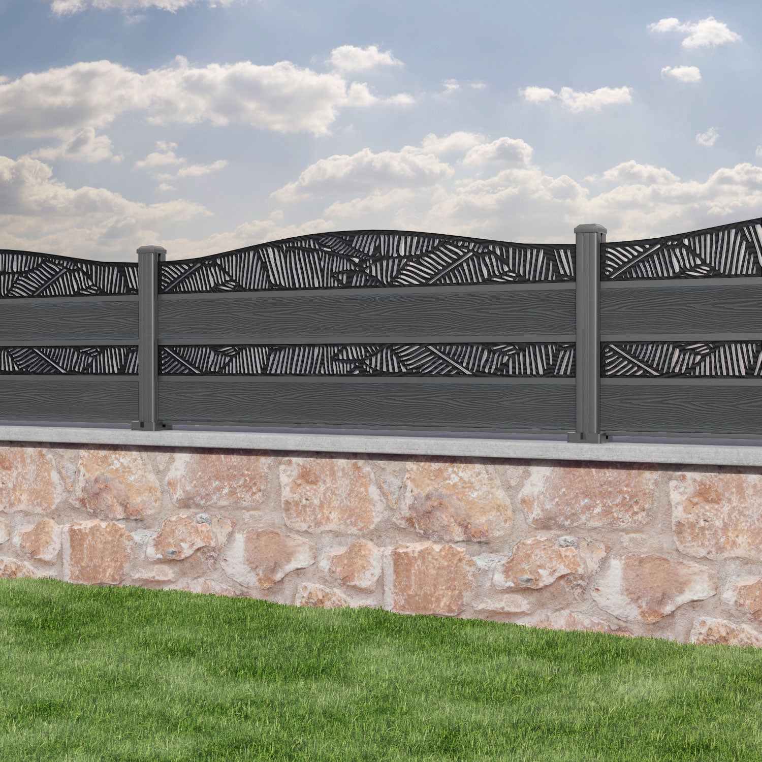 Classic Feather Curved Top Split Screen Fence Panel - Dark Grey - with our aluminium posts