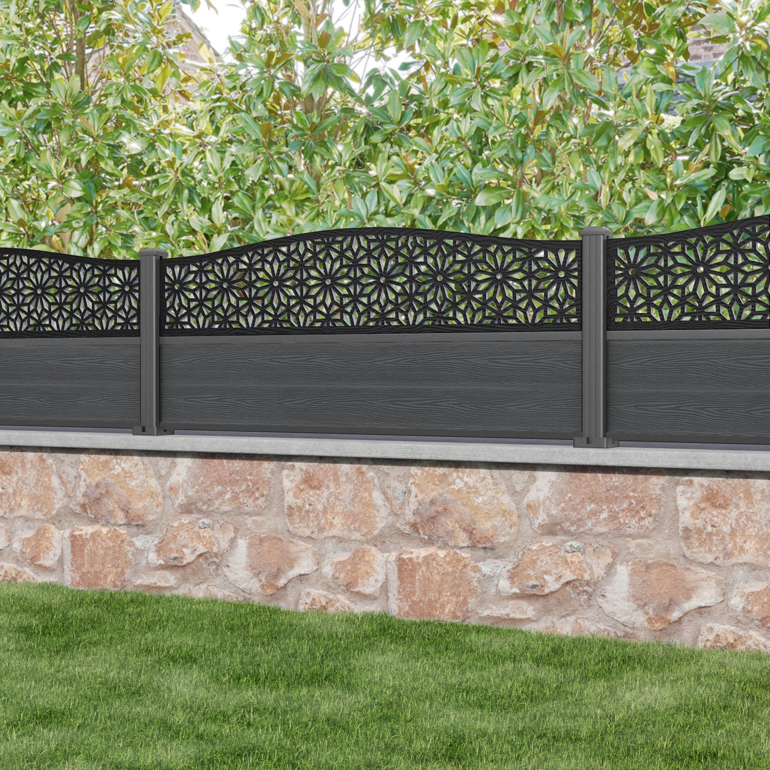 Classic Narwa Curved Top Fence Panel - Dark Grey - with our aluminium posts
