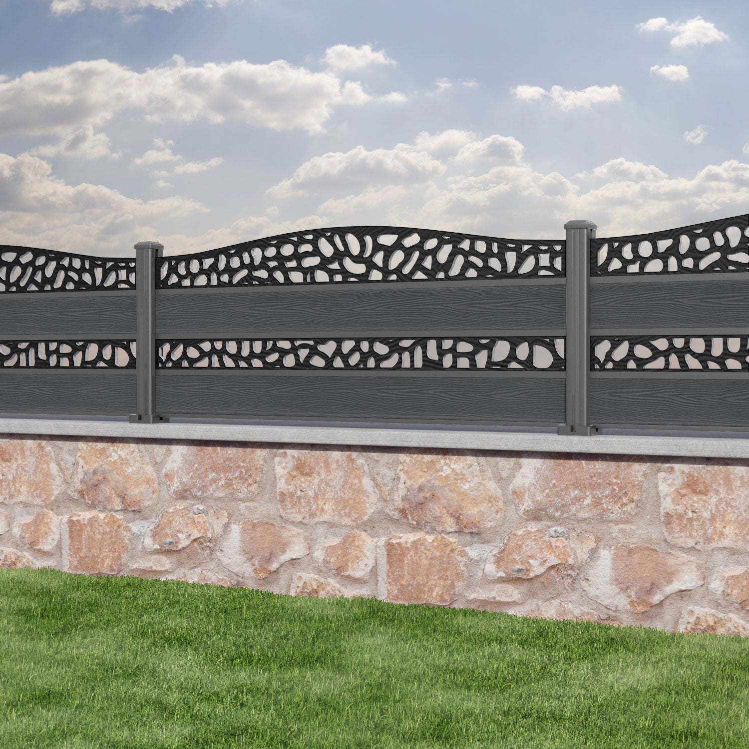 Classic Pebble Curved Top Split Screen Fence Panel - Dark Grey - with our aluminium posts