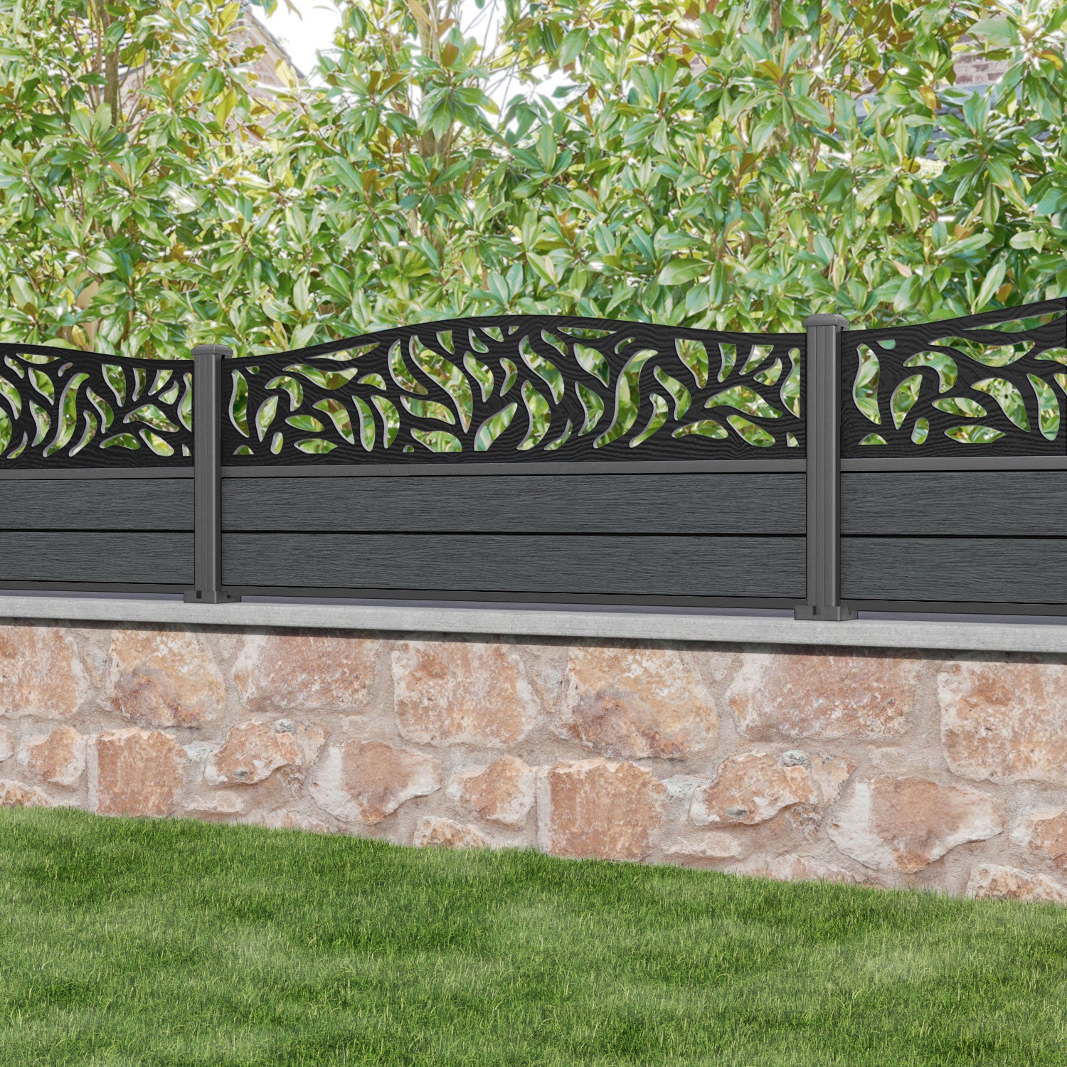 Fusion Plume Curved Top Fence Panel - Dark Grey - with our aluminium posts
