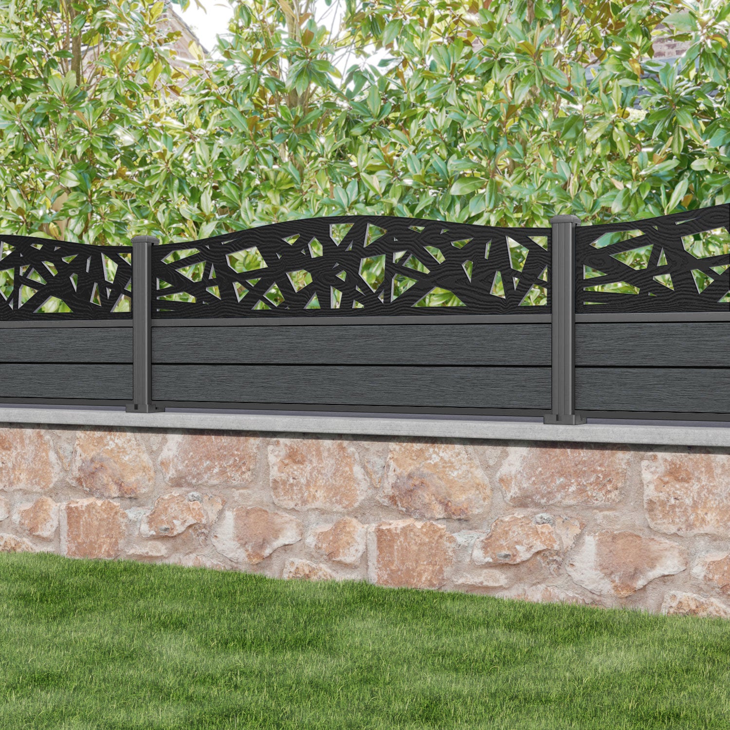 Fusion Prism Curved Top Fence Panel - Dark Grey - with our aluminium posts