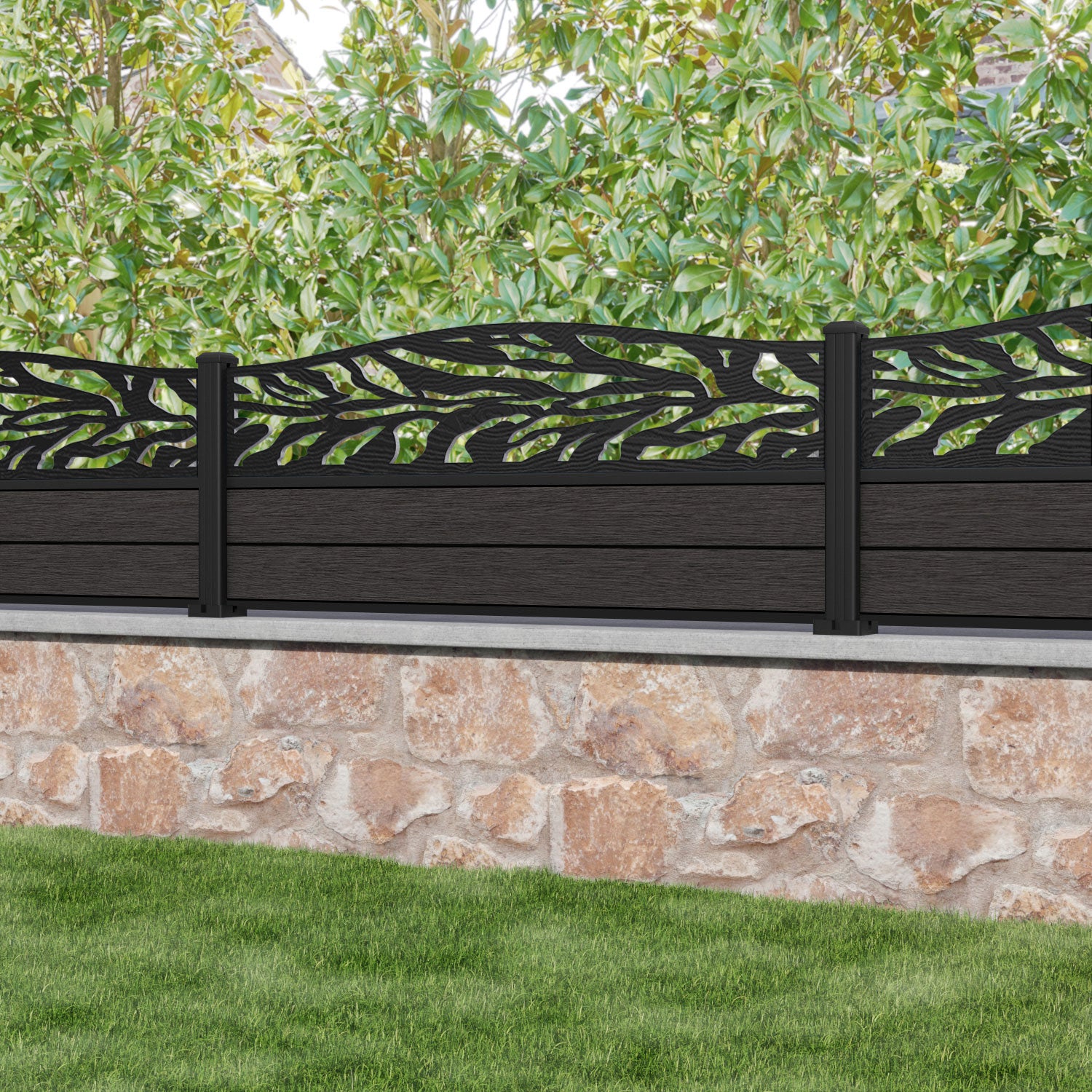 Fusion Malawi Curved Top Fence Panel - Dark Oak - with our aluminium posts