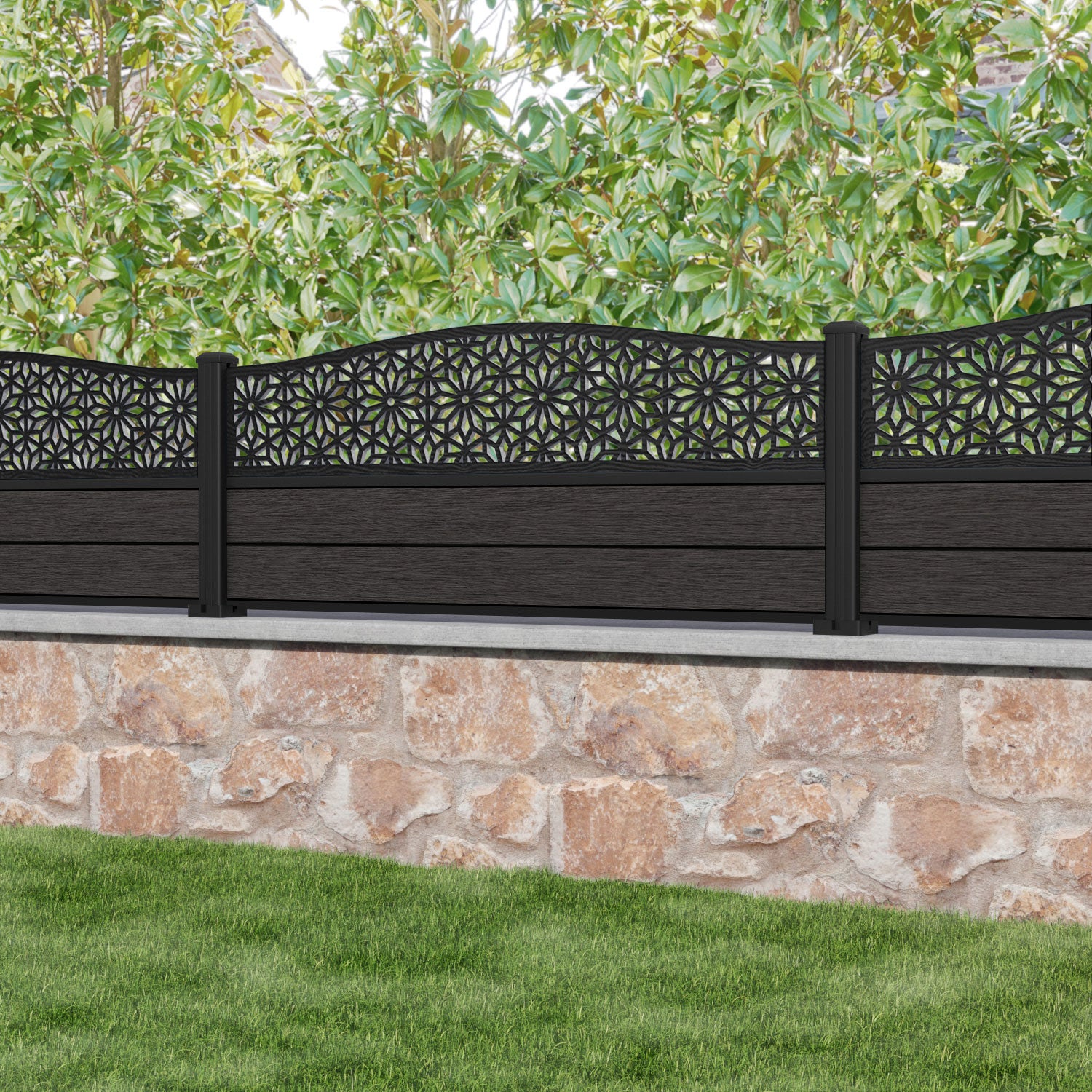 Fusion Narwa Curved Top Fence Panel - Dark Oak - with our aluminium posts