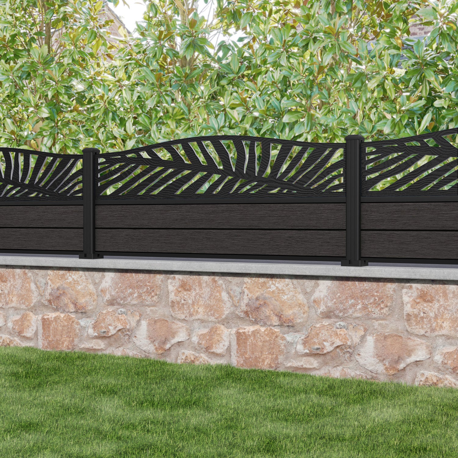 Fusion Palm Curved Top Fence Panel - Dark Oak - with our aluminium posts