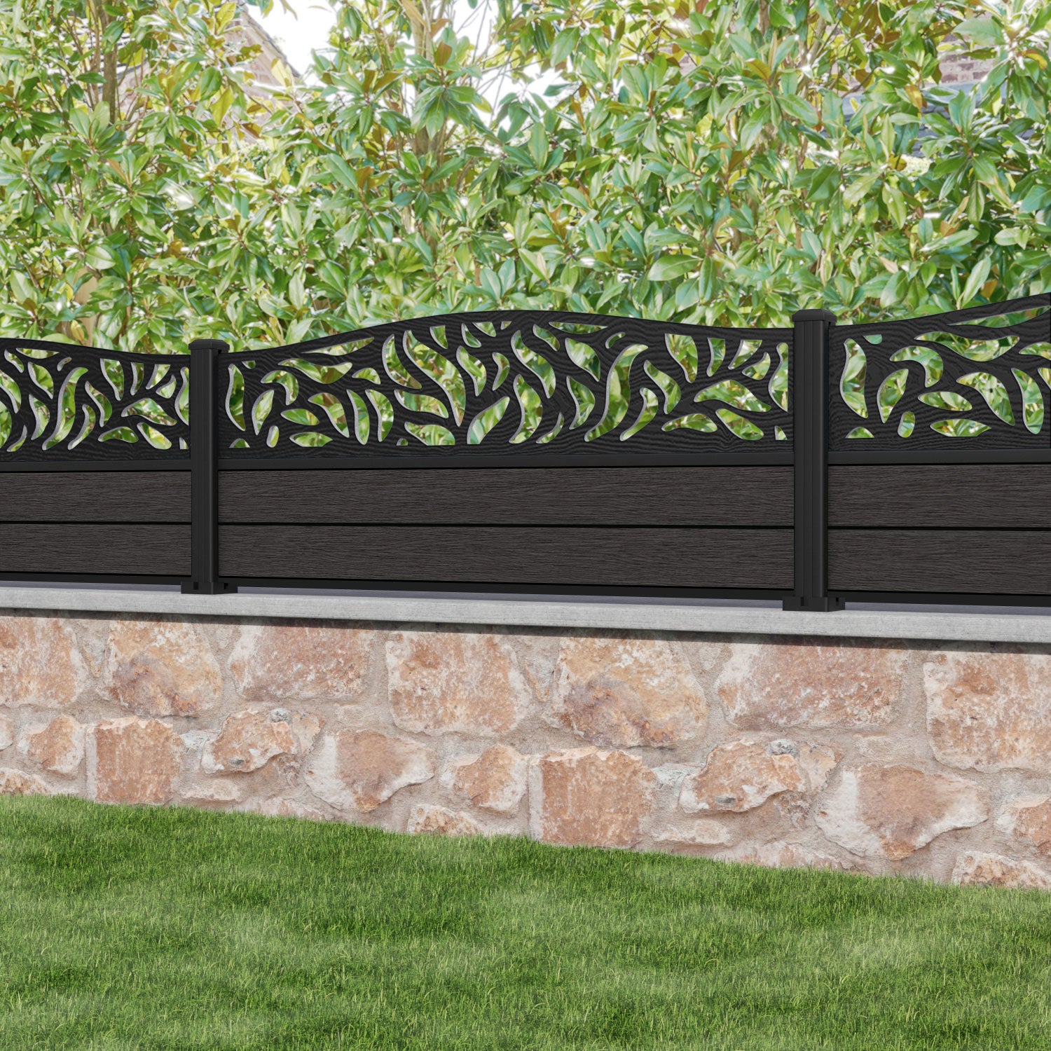 Fusion Plume Curved Top Fence Panel - Dark Oak - with our aluminium posts