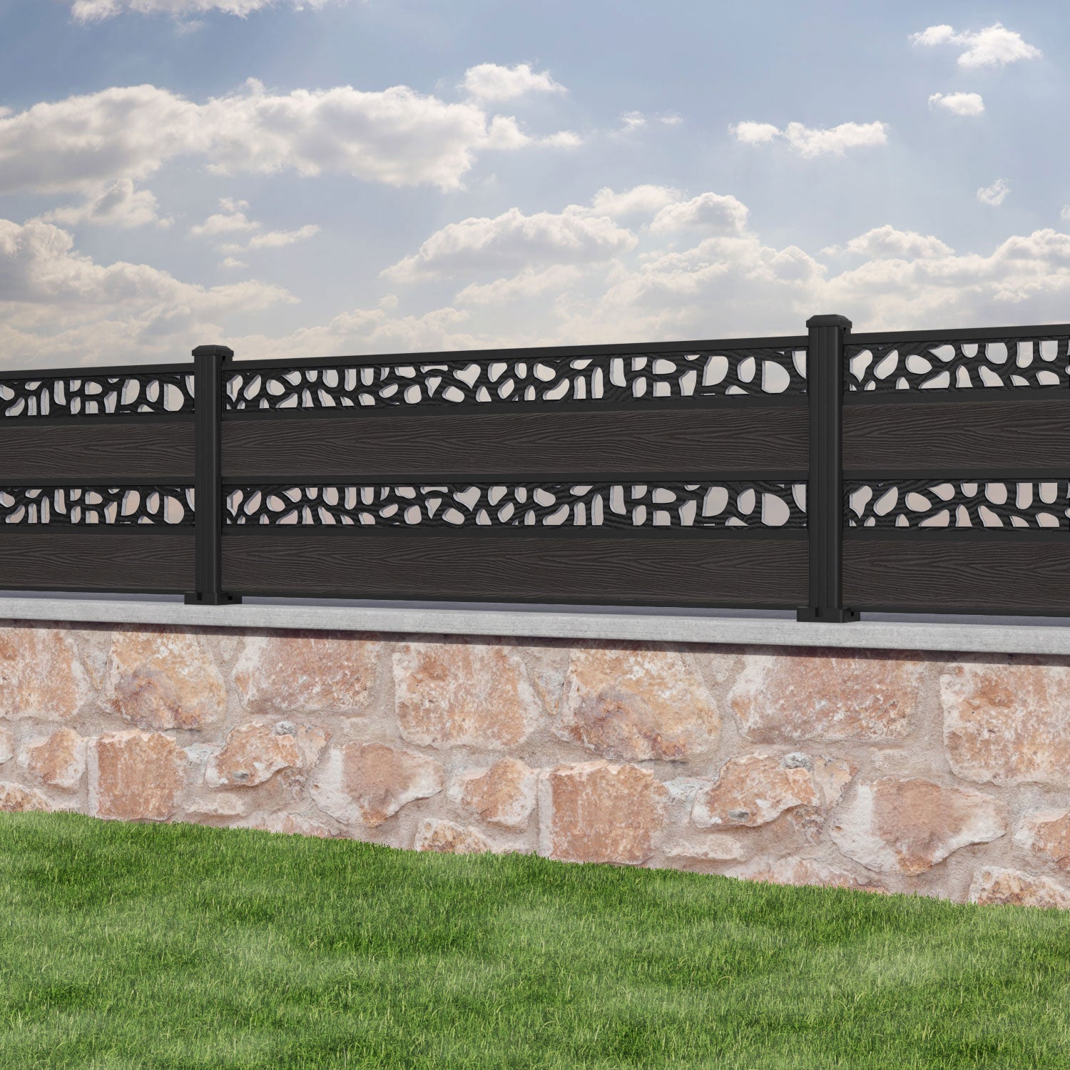 Classic Pebble Split Screen Fence Panel - Dark Oak - with our aluminium posts