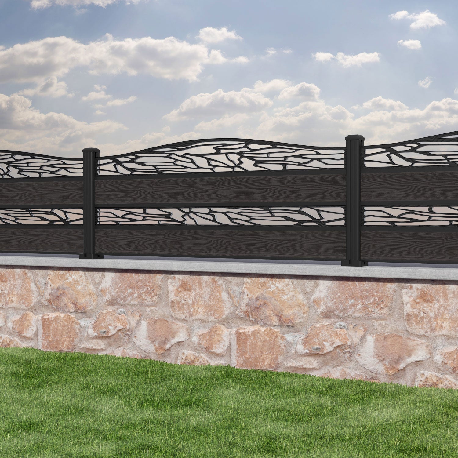 Classic Shatter Curved Top Split Screen Fence Panel - Dark Oak - with our aluminium posts