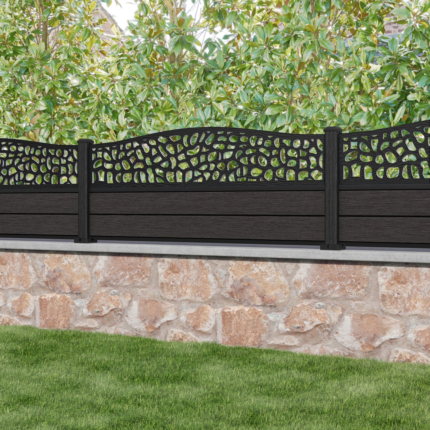 Fusion Pebble Curved Top Fence Panel - Dark Oak - with our composite posts