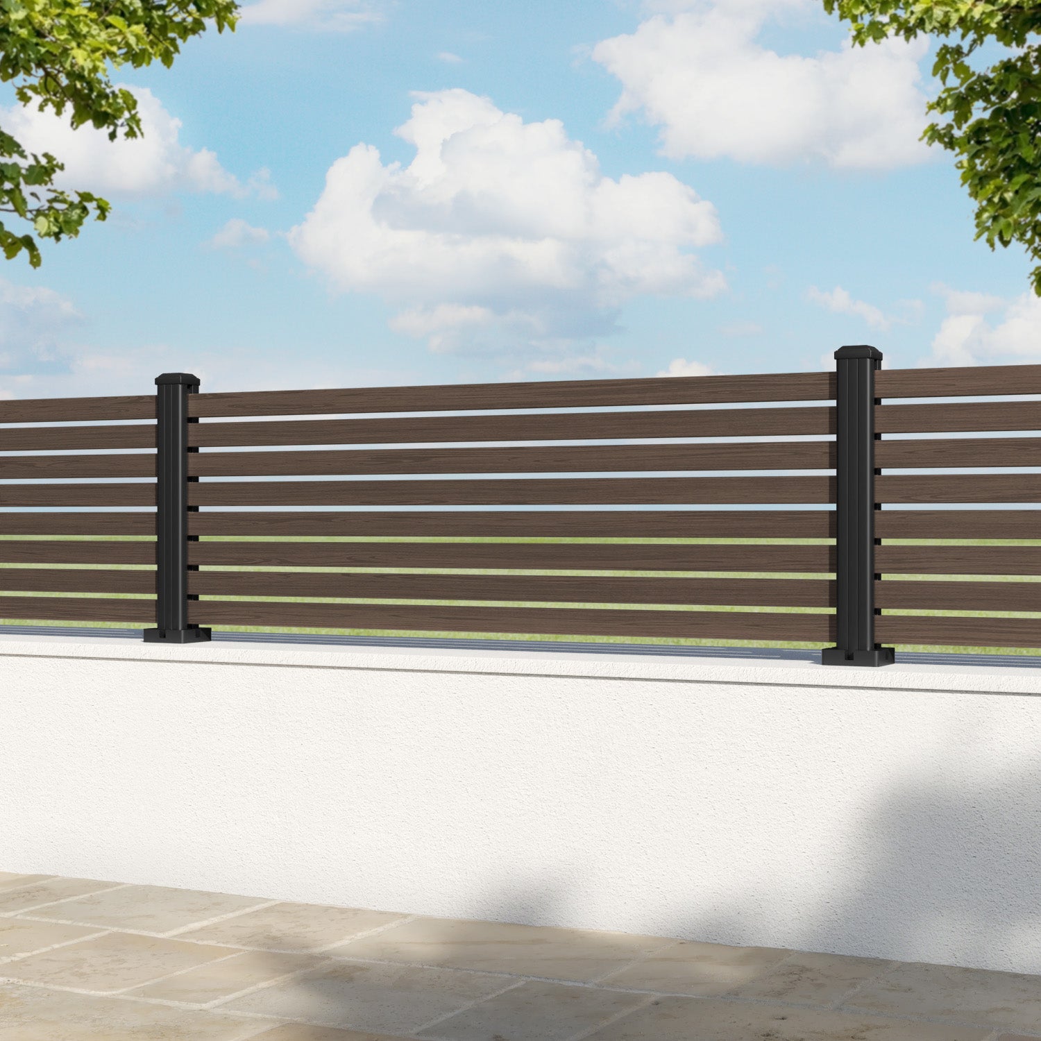 Aria Aluminium Fence Panel - Dark Oak - with our aluminium posts