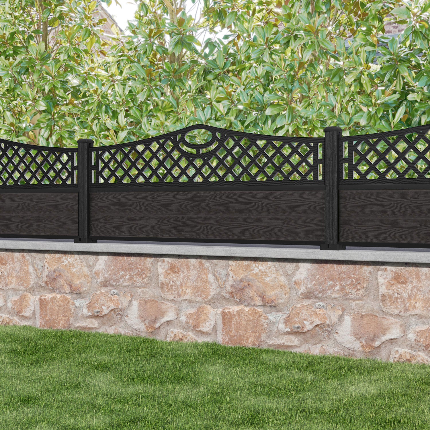 Classic Oxford Curved Top Fence Panel - Dark Oak - with our composite posts