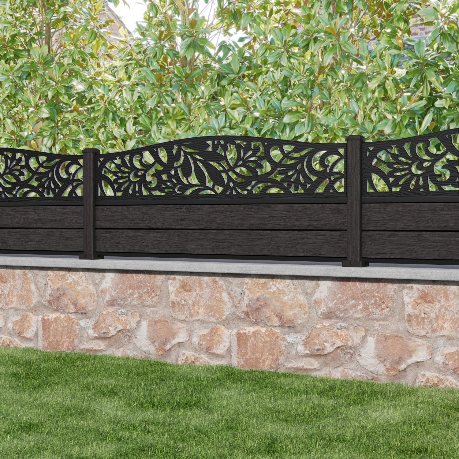 Fusion Heritage Curved Top Fence Panel - Dark Oak - with our composite posts