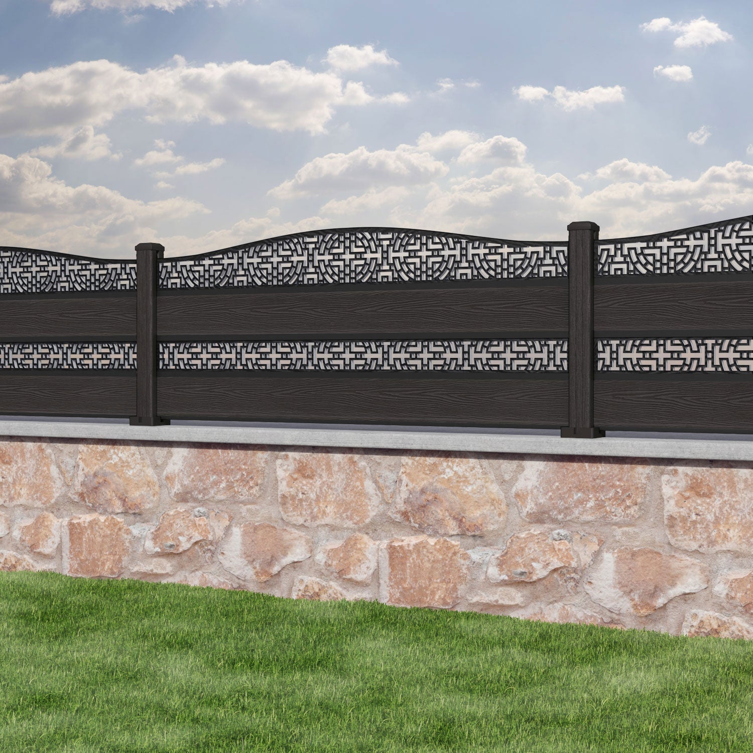 Classic Kumo Curved Top Split Screen Fence Panel - Dark Oak - with our composite posts