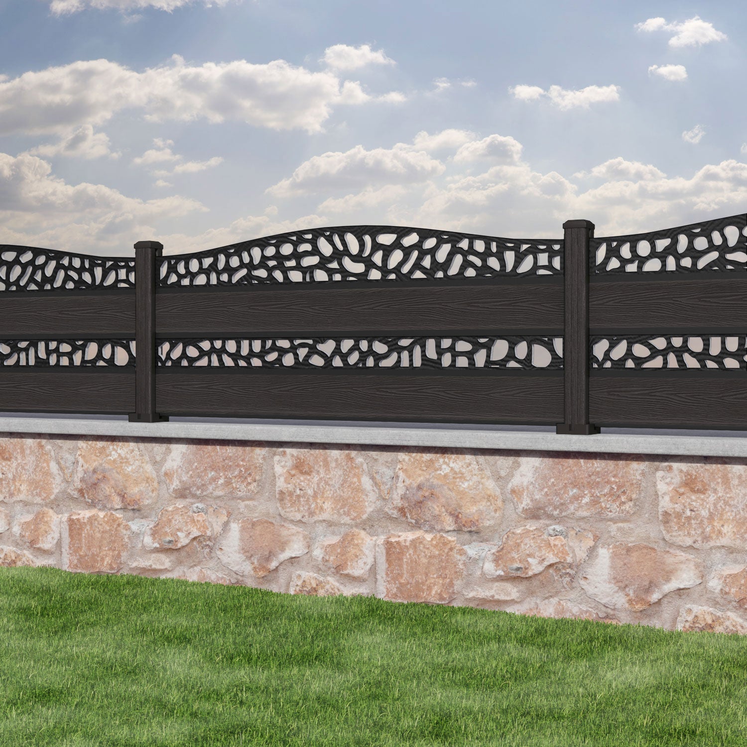 Classic Pebble Curved Top Split Screen Fence Panel - Dark Oak - with our composite posts