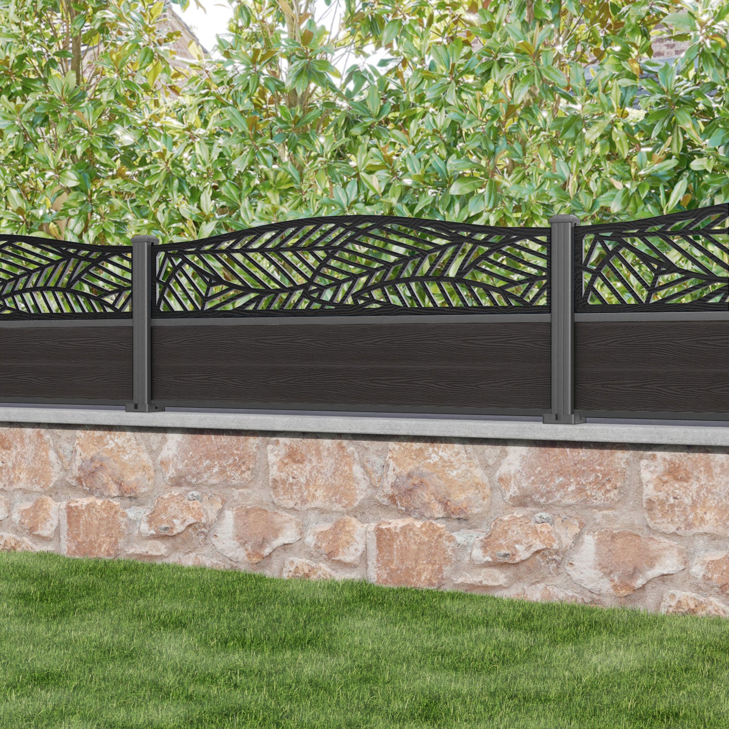 Classic Habitat Curved Top Fence Panel - Dark Oak - with our aluminium posts