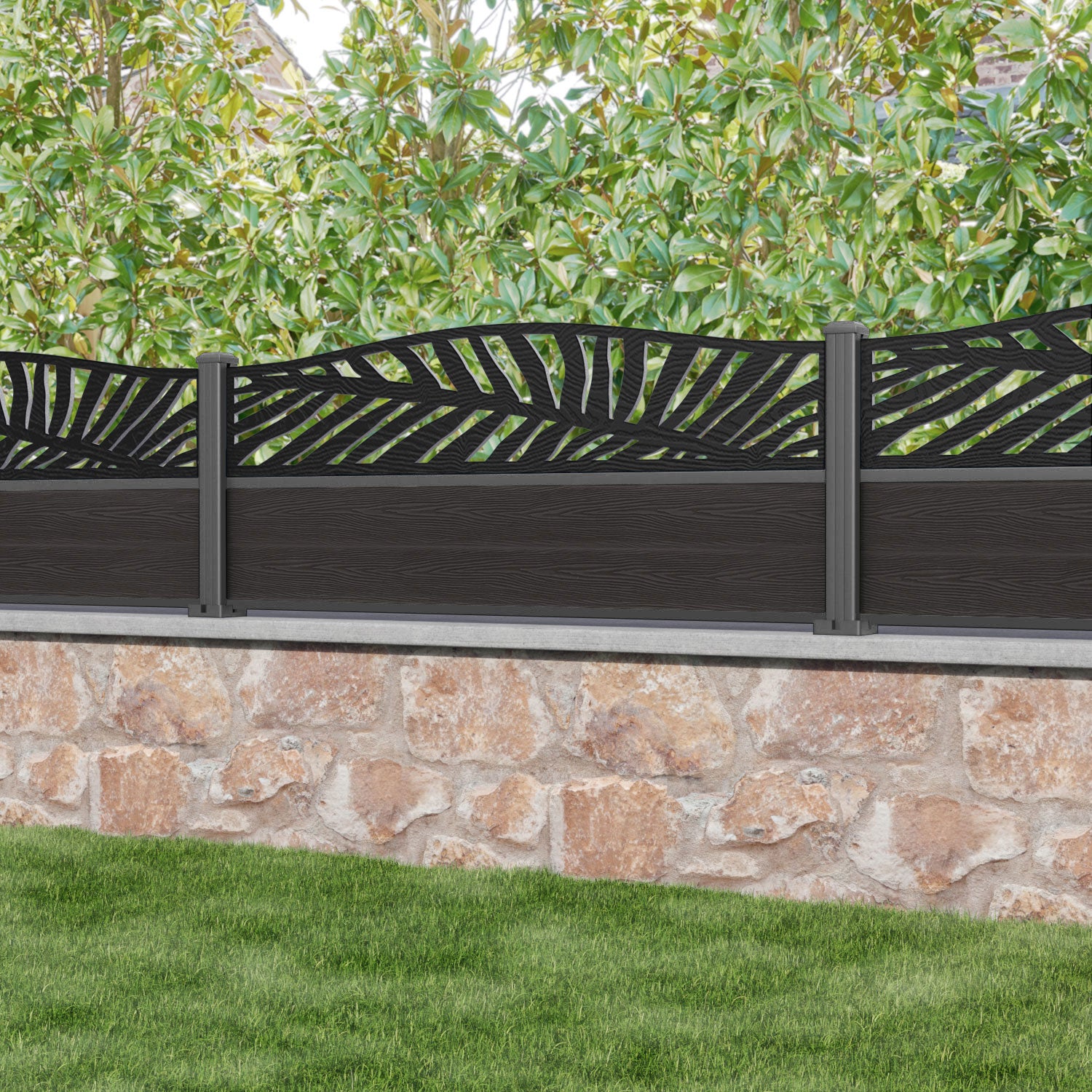 Classic Palm Curved Top Fence Panel - Dark Oak - with our aluminium posts