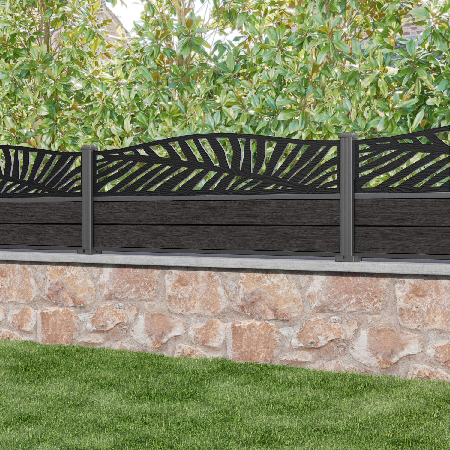 Fusion Palm Curved Top Fence Panel - Dark Oak - with our aluminium posts