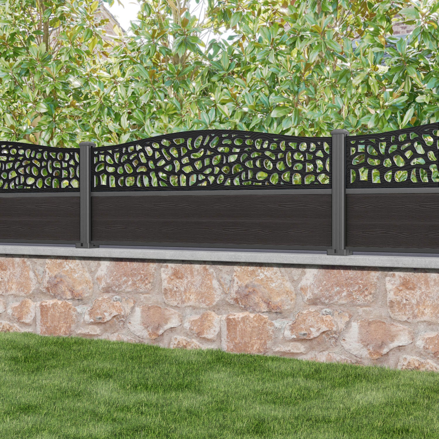Classic Pebble Curved Top Fence Panel - Dark Oak - with our aluminium posts