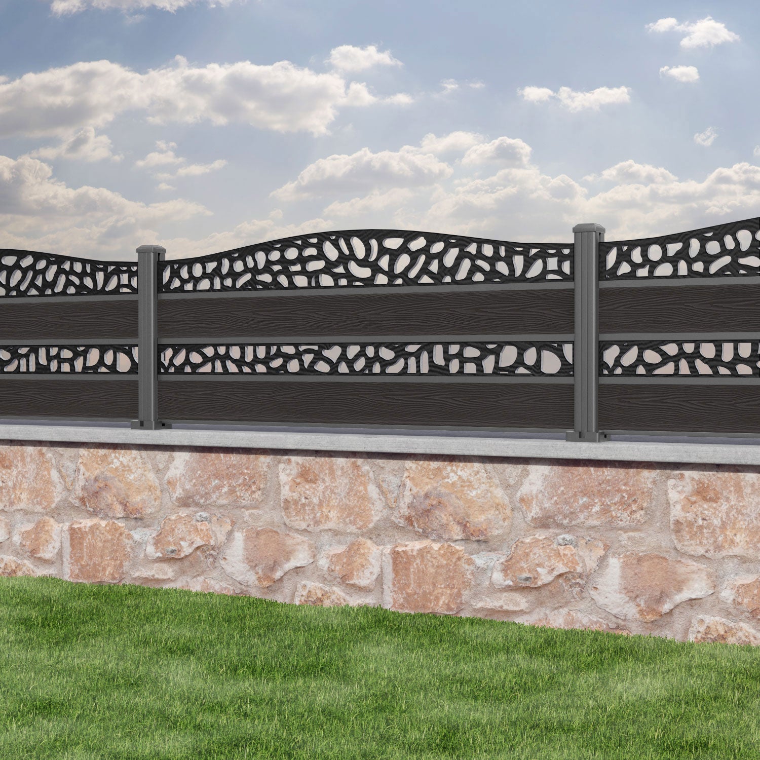 Classic Pebble Curved Top Split Screen Fence Panel - Dark Oak - with our aluminium posts