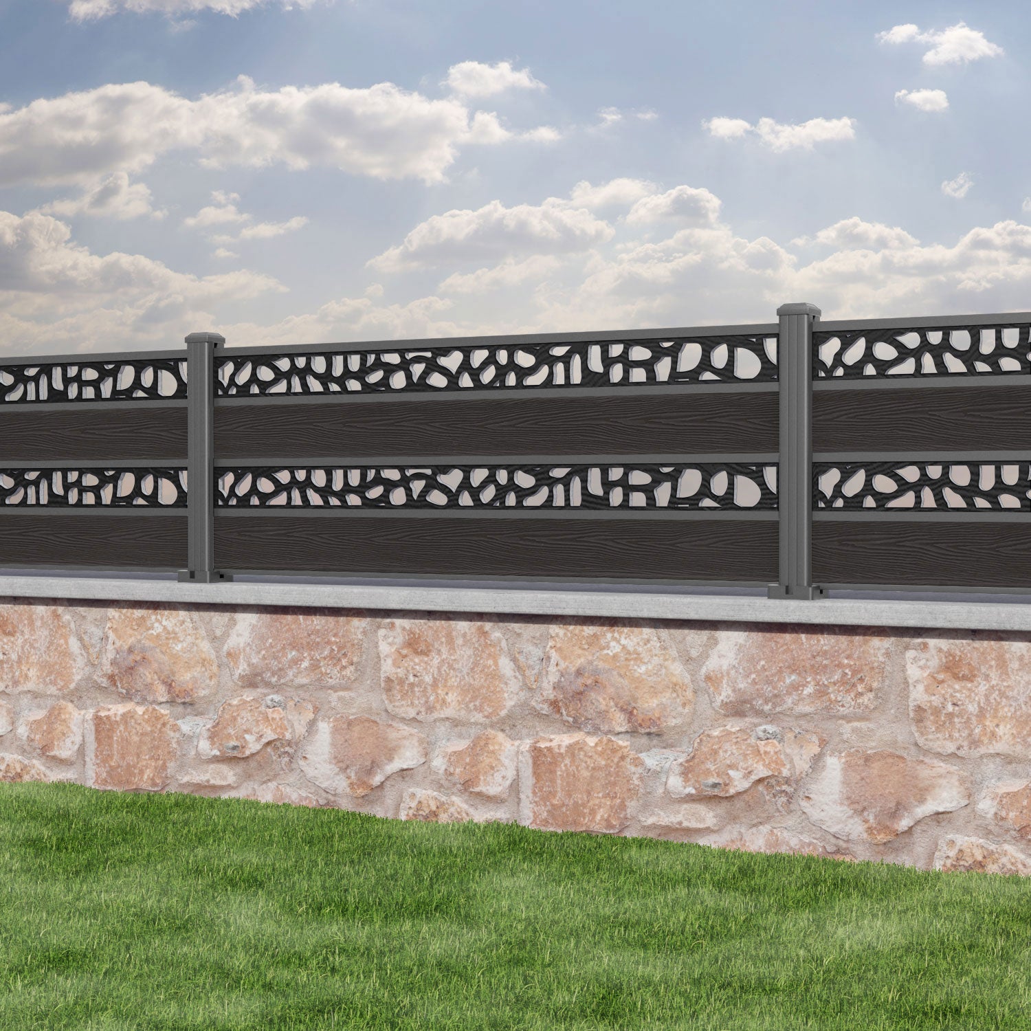 Classic Pebble Split Screen Fence Panel - Dark Oak - with our aluminium posts