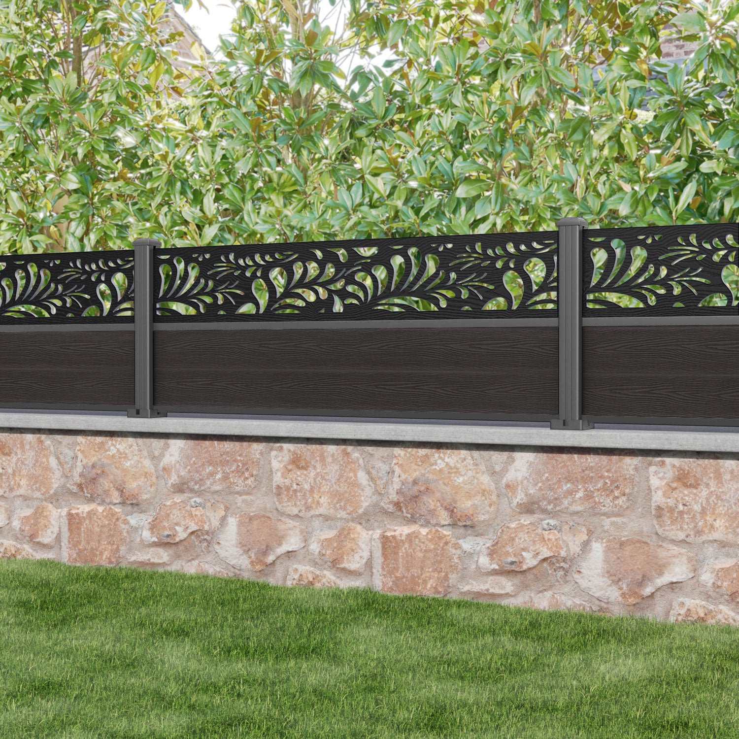 Classic Petal Fence Panel - Dark Oak - with our aluminium posts