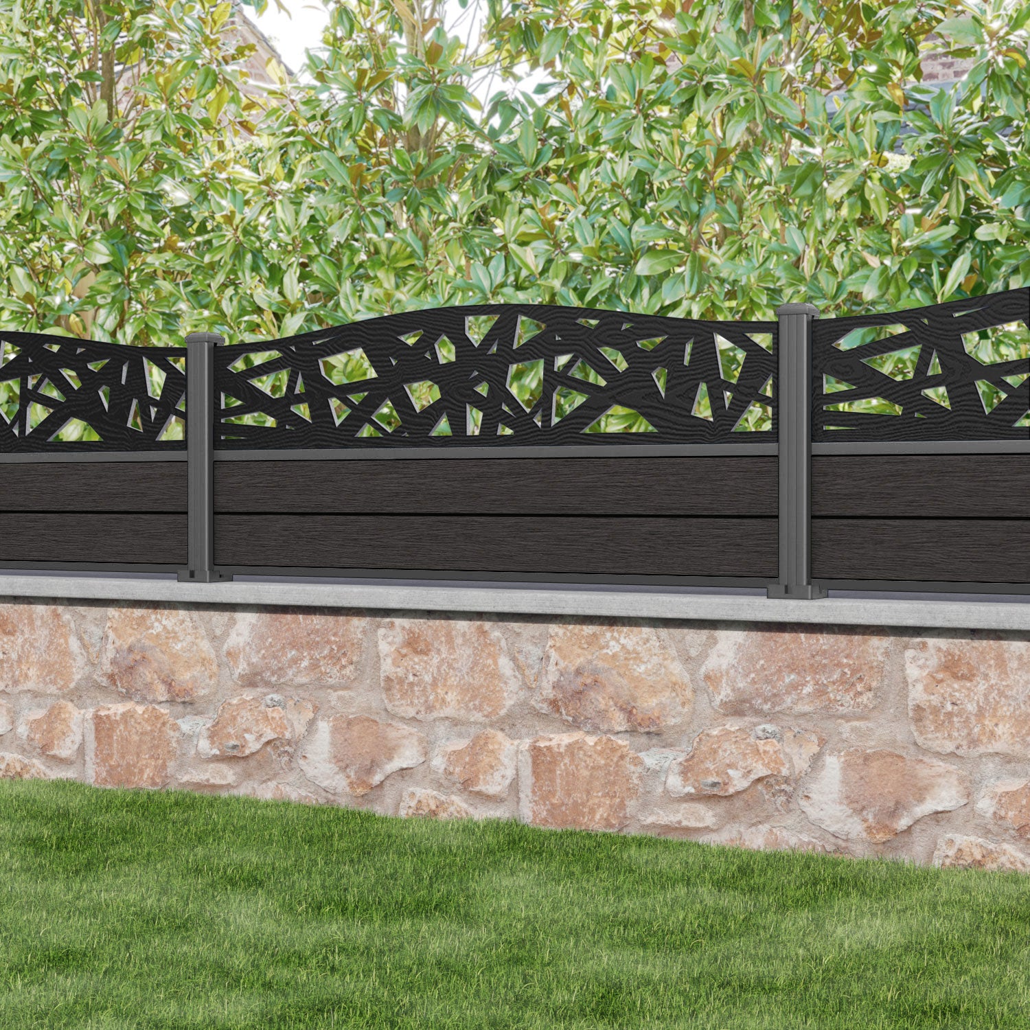 Fusion Prism Curved Top Fence Panel - Dark Oak - with our aluminium posts