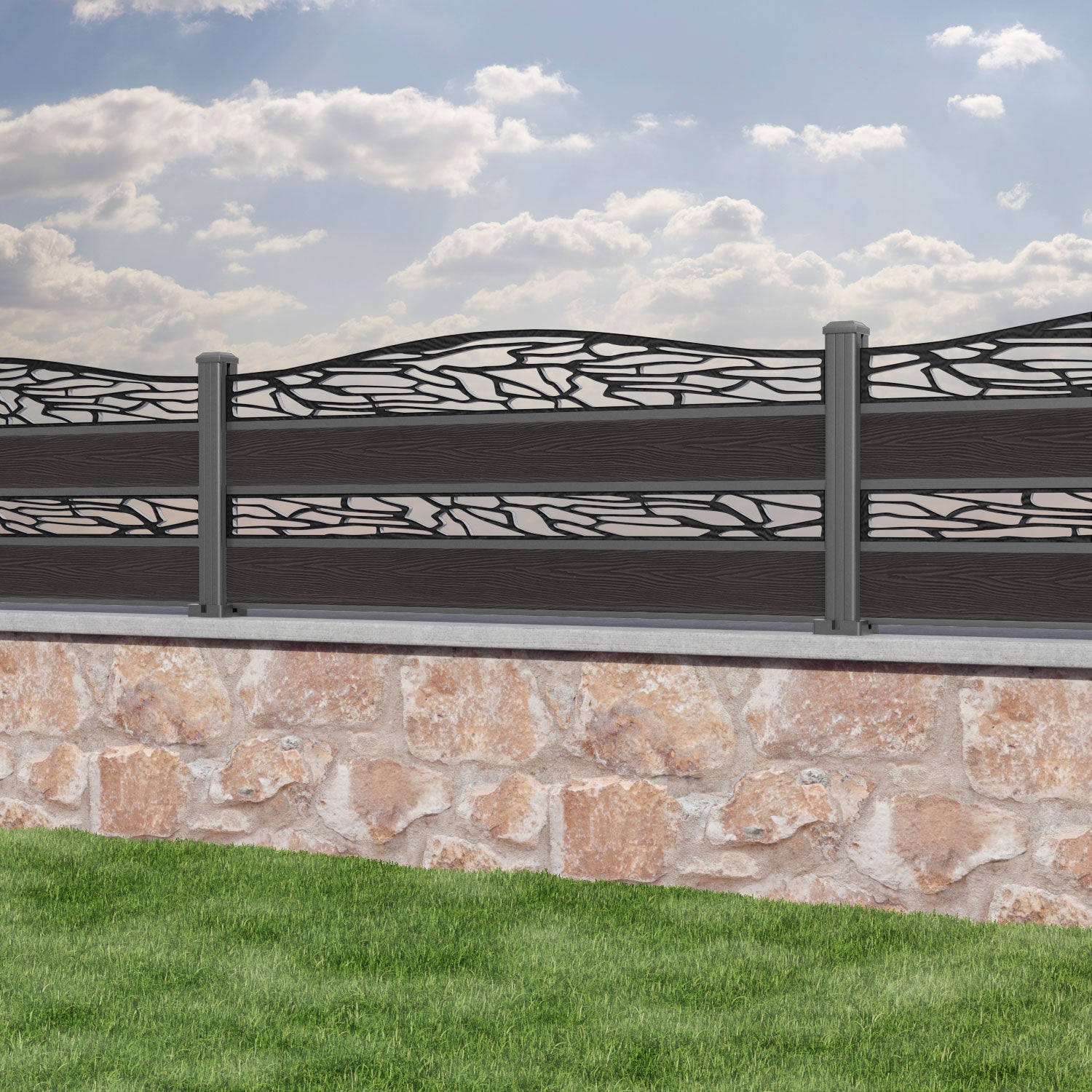 Classic Shatter Curved Top Split Screen Fence Panel - Dark Oak - with our aluminium posts