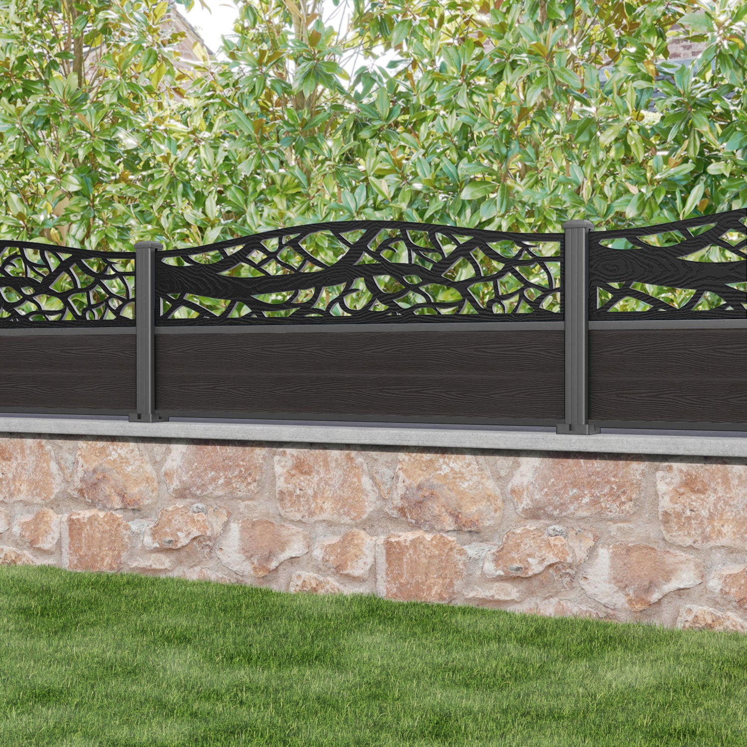 Classic Twilight Curved Top Fence Panel - Dark Oak - with our aluminium posts