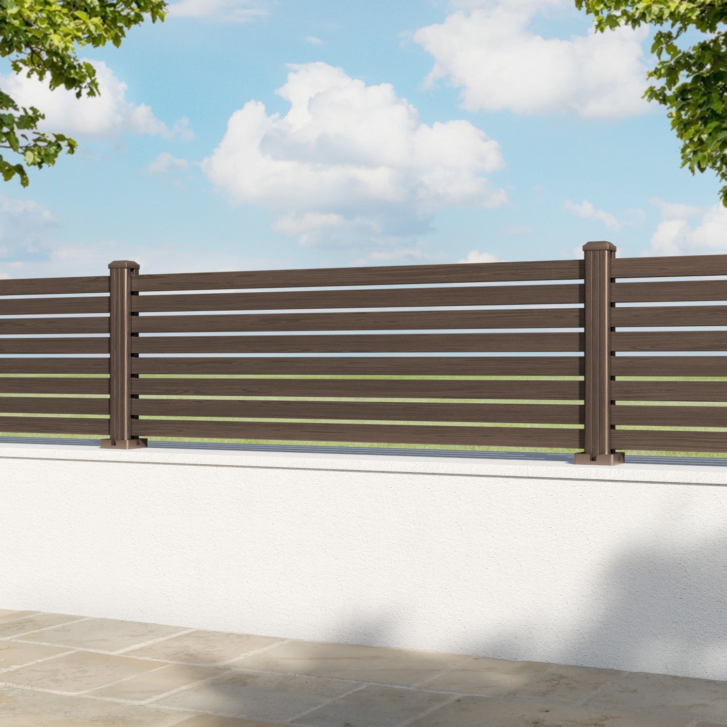 Aria Aluminium Fence Panel - Dark Oak - with our aluminium posts
