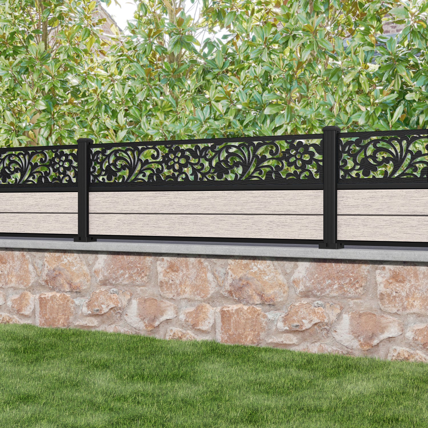 Fusion Eden Fence Panel - Mid Stone - with our aluminium posts