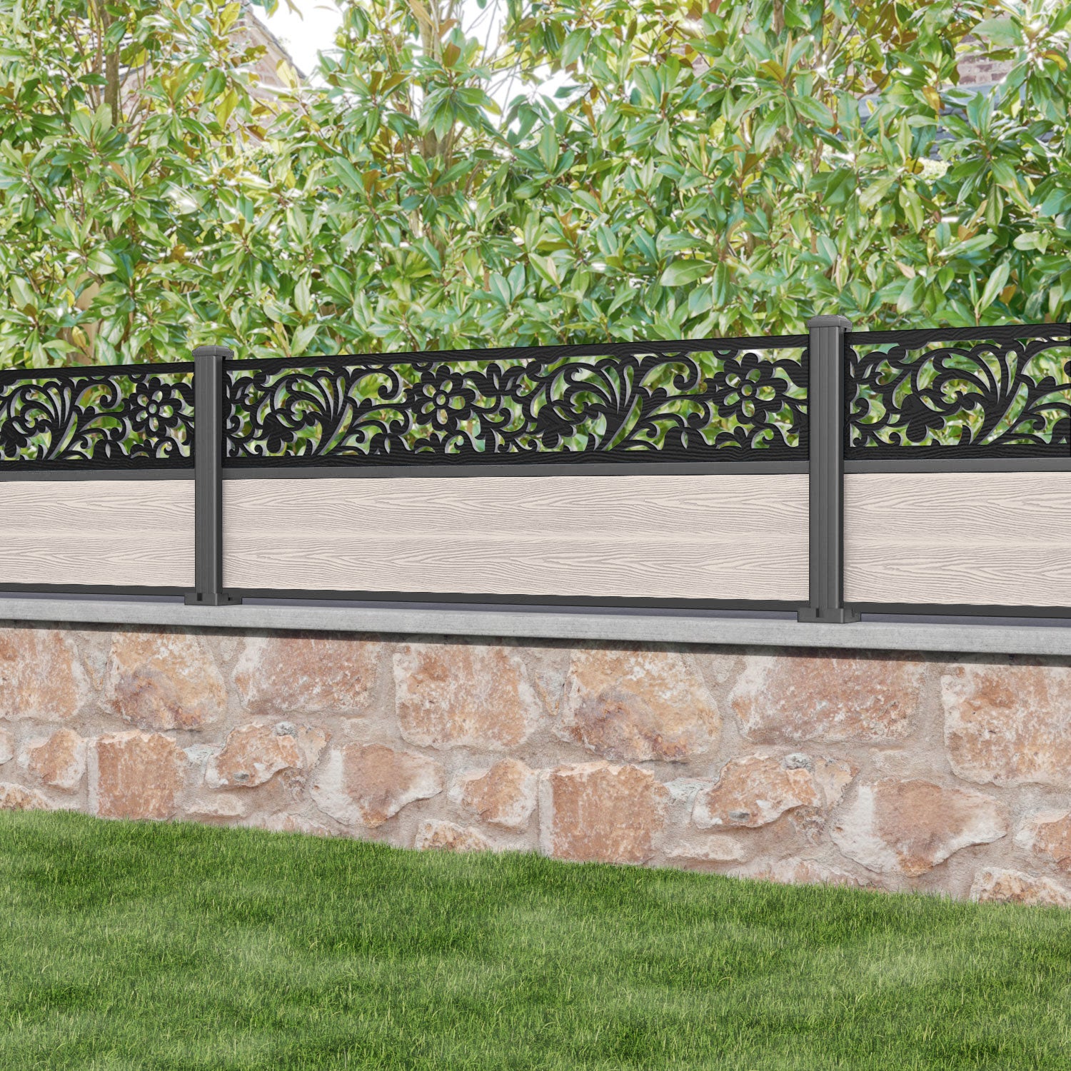Classic Eden Fence Panel - Mid Stone - with our aluminium posts