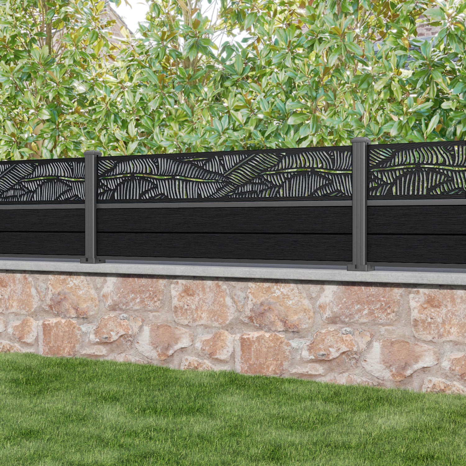 Fusion Feather Fence Panel - Black - with our aluminium posts
