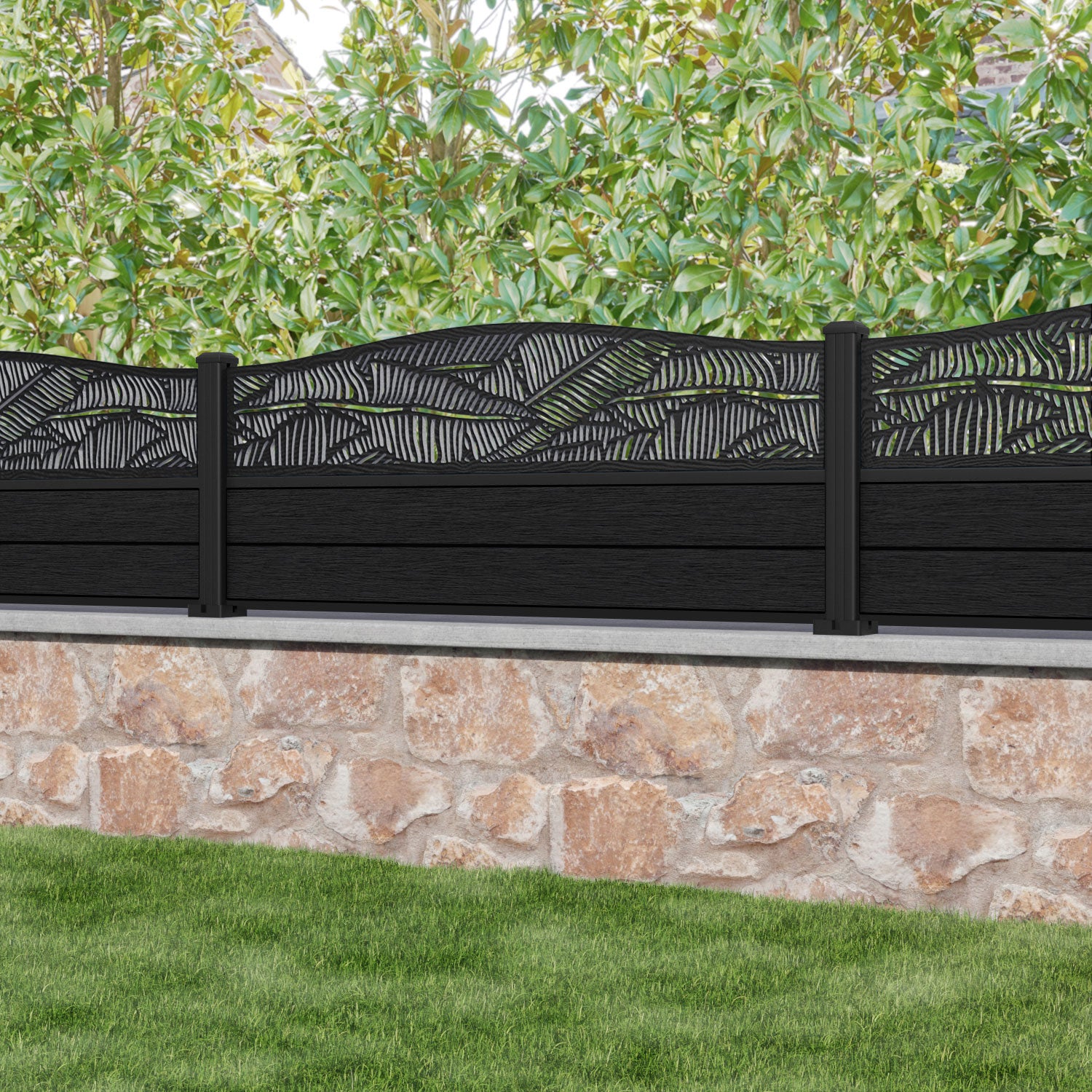 Fusion Feather Curved Top Fence Panel - Black - with our aluminium posts