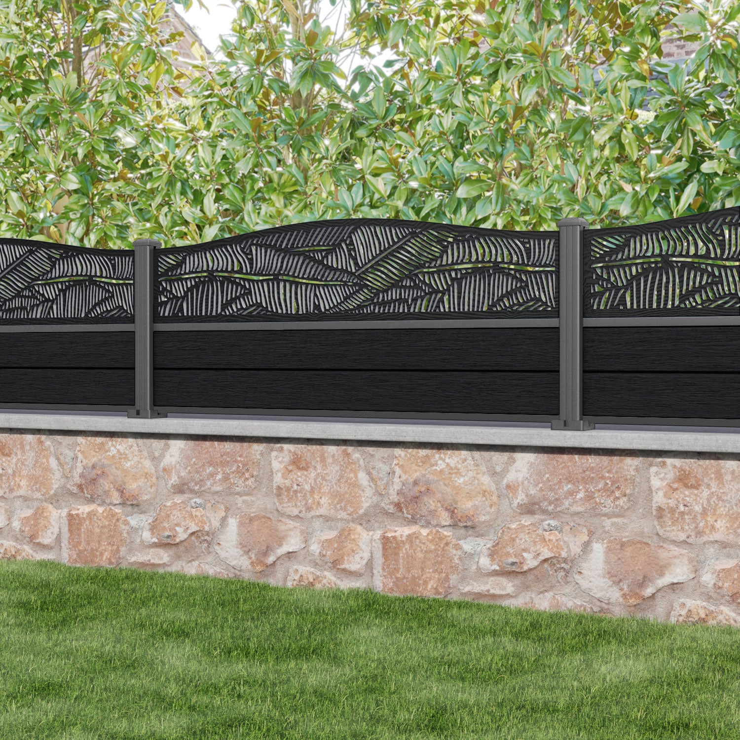 Fusion Feather Curved Top Fence Panel - Black - with our aluminium posts