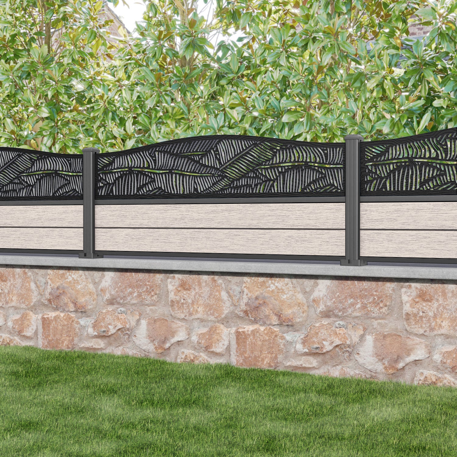 Fusion Feather Curved Top Fence Panel - Mid Stone - with our aluminium posts