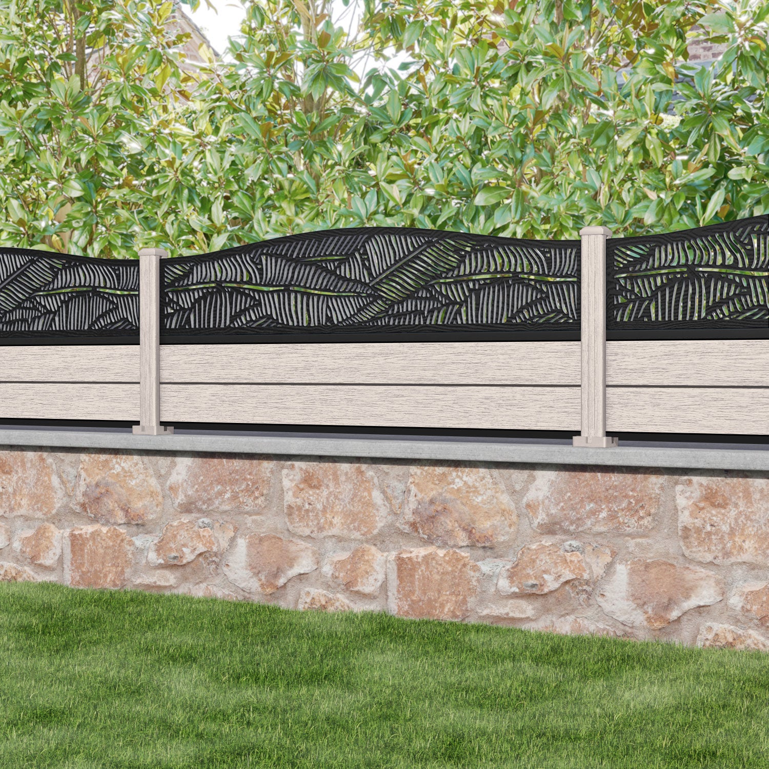 Fusion Feather Curved Top Fence Panel - Mid Stone - with our composite posts