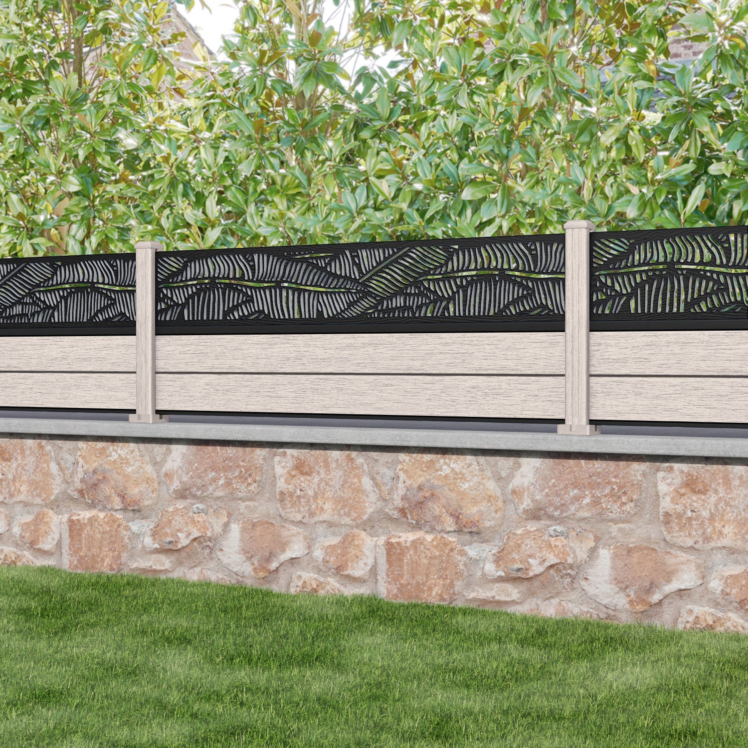 Fusion Feather Fence Panel - Mid Stone - with our composite posts