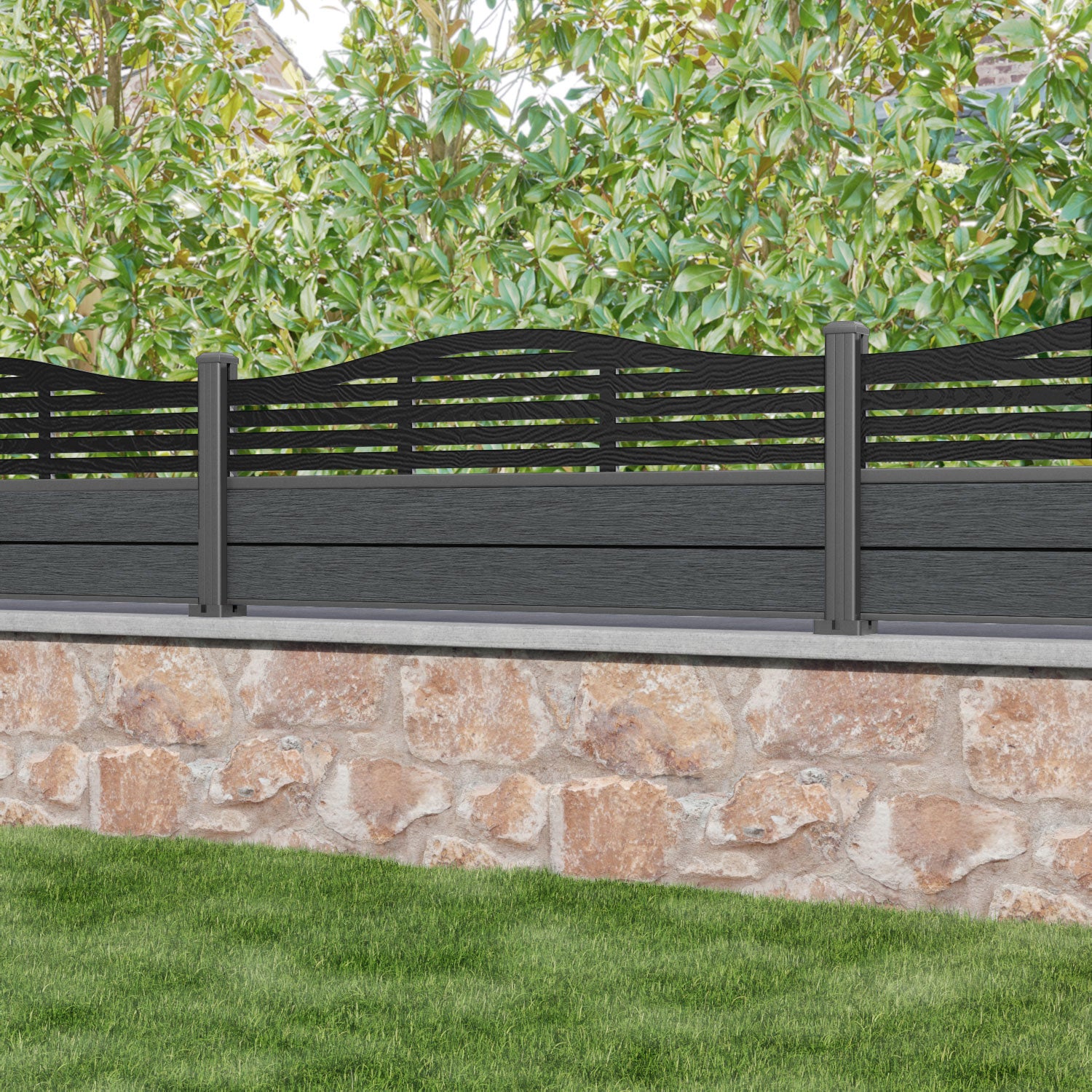 Fusion Aspen Curved Top Fence Panel - Dark Grey - with our aluminium posts