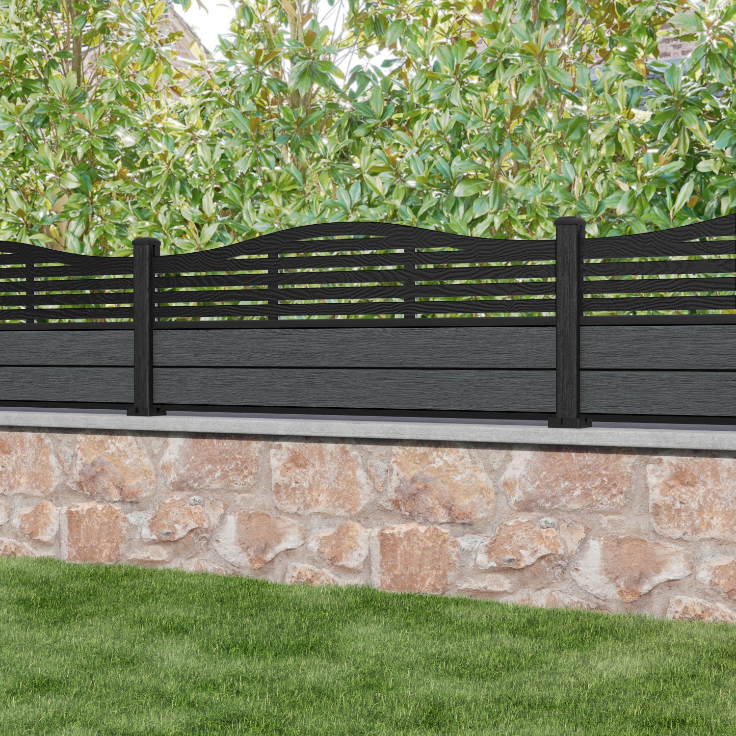 Fusion Aspen Curved Top Fence Panel - Dark Grey - with our composite posts