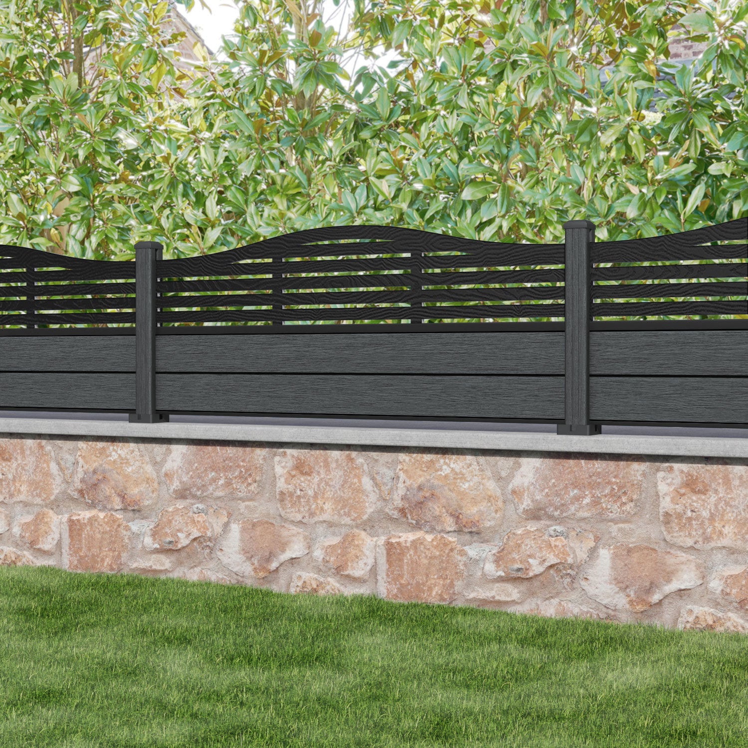 Fusion Aspen Curved Top Fence Panel - Dark Grey - with our composite posts