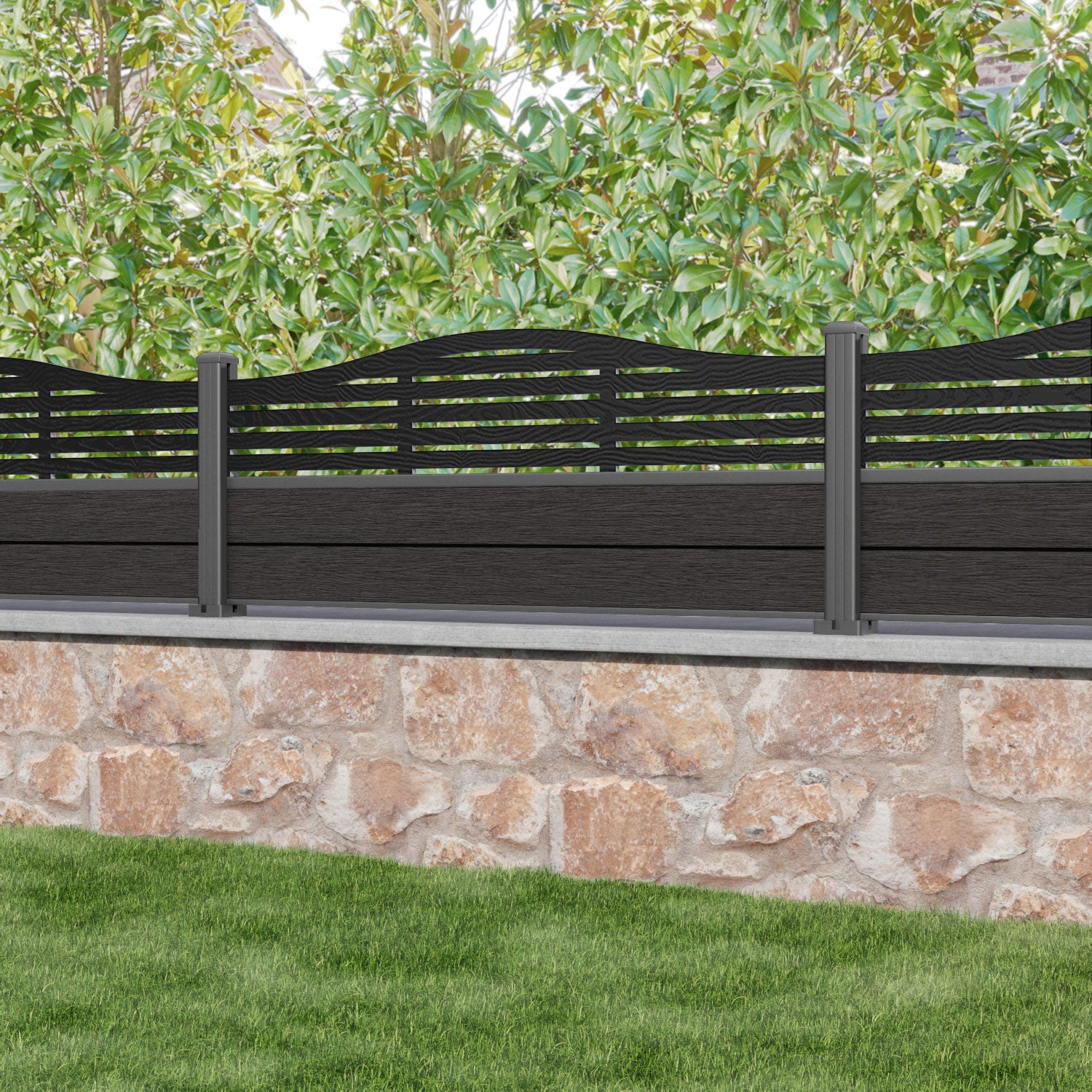 Fusion Aspen Curved Top Fence Panel - Dark Oak - with our aluminium posts