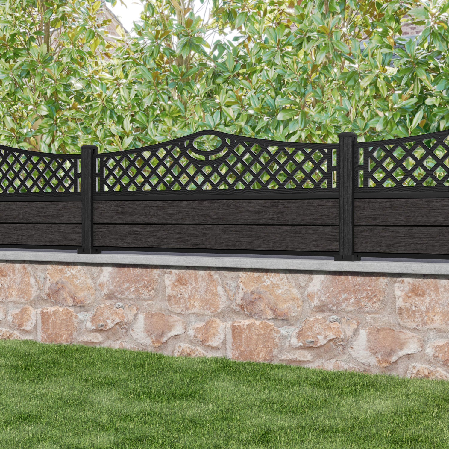 Fusion Oxford Curved Top Fence Panel - Dark Oak - with our composite posts