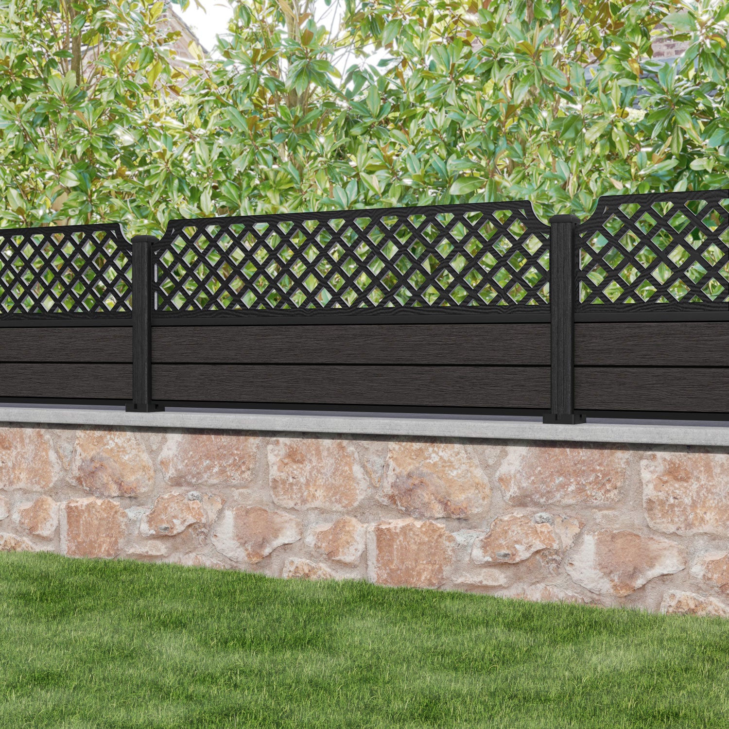 Fusion Regal Hive Fence Panel - Dark Oak - with our aluminium posts