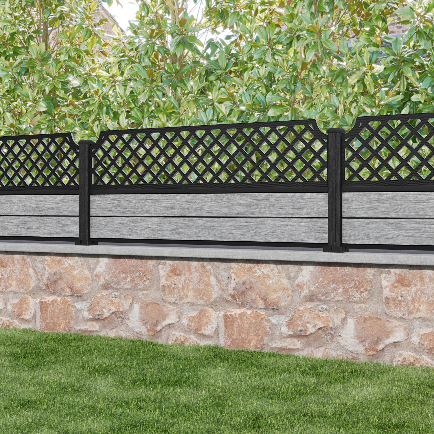 Fusion Regal Hive Fence Panel - Light Grey - with our aluminium posts