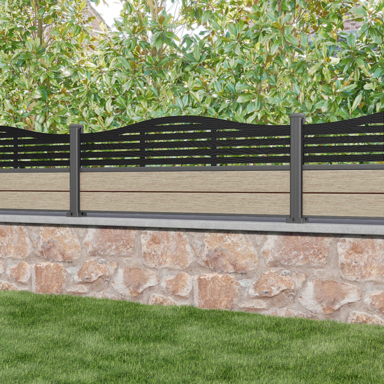 Fusion Aspen Curved Top Fence Panel - Light Oak - with our aluminium posts