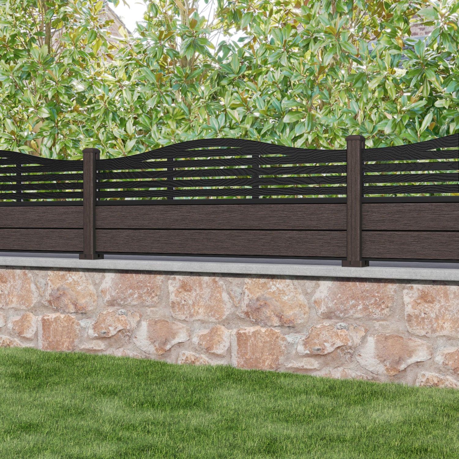 Fusion Aspen Curved Top Fence Panel - Mid Brown - with our composite posts