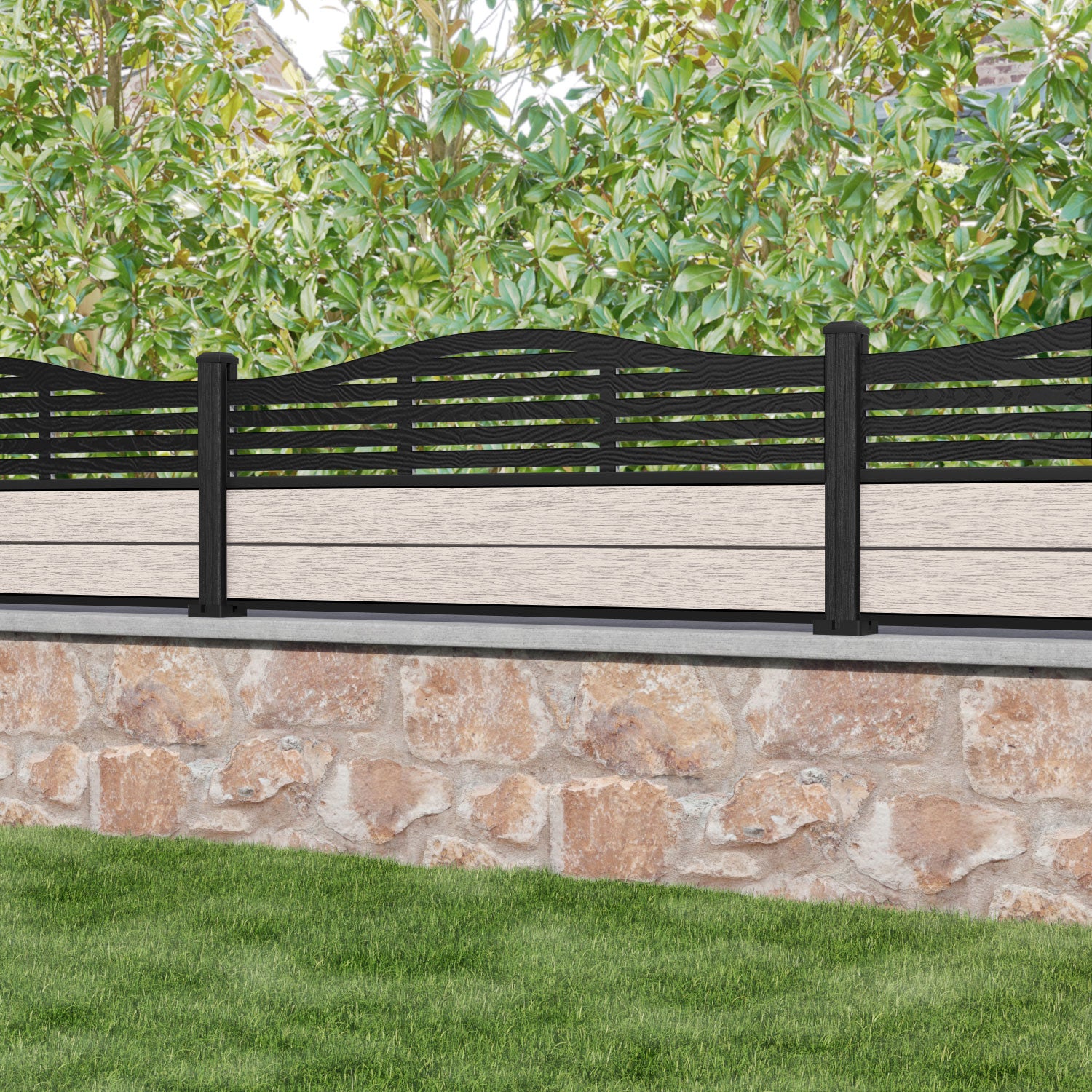 Fusion Aspen Curved Top Fence Panel - Mid Stone - with our composite posts